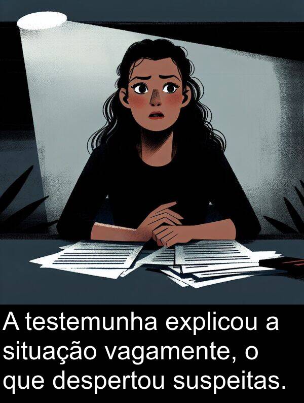 vagamente: A testemunha explicou a situação vagamente, o que despertou suspeitas.