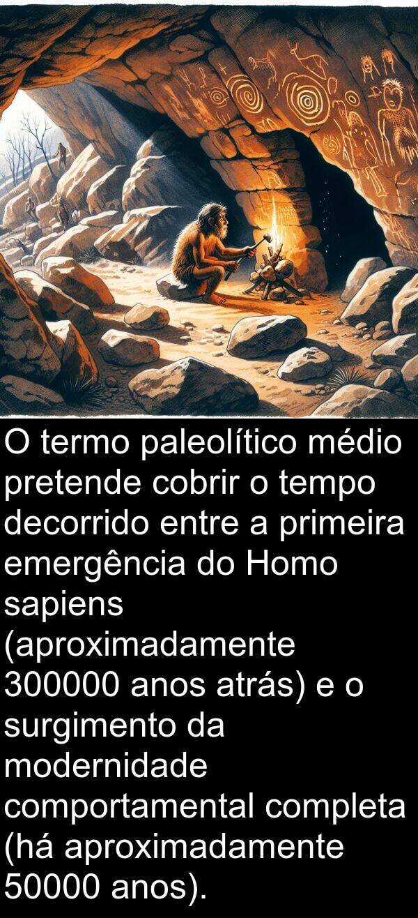 decorrido: O termo paleolítico médio pretende cobrir o tempo decorrido entre a primeira emergência do Homo sapiens (aproximadamente 300000 anos atrás) e o surgimento da modernidade comportamental completa (há aproximadamente 50000 anos).