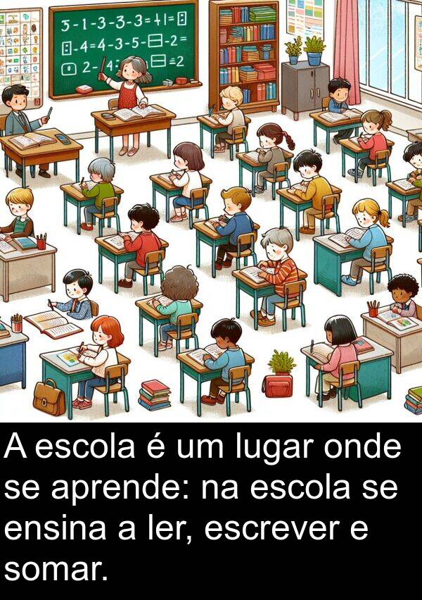 ler: A escola é um lugar onde se aprende: na escola se ensina a ler, escrever e somar.