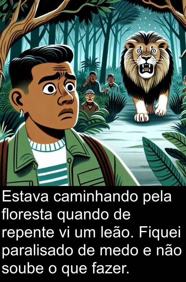 paralisado: Estava caminhando pela floresta quando de repente vi um leão. Fiquei paralisado de medo e não soube o que fazer.