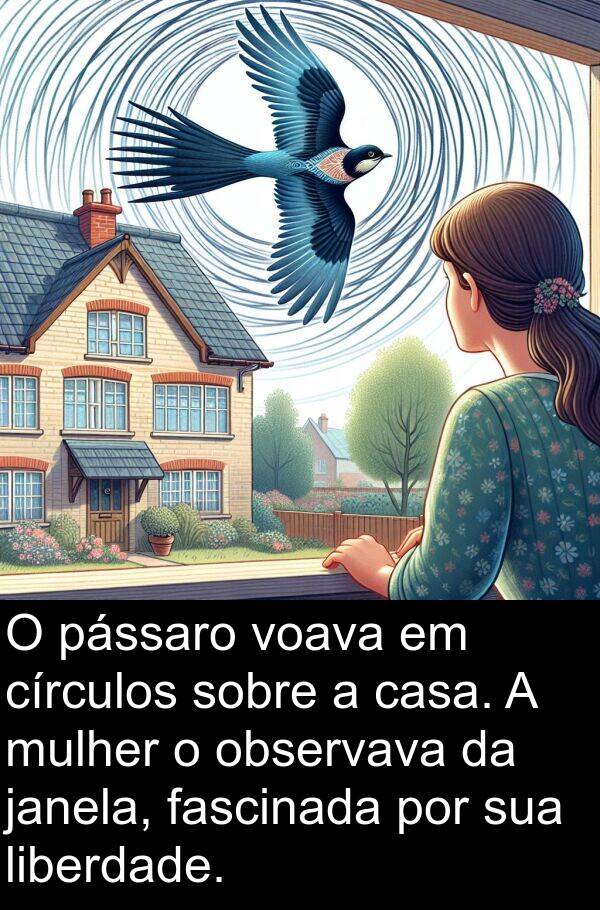 pássaro: O pássaro voava em círculos sobre a casa. A mulher o observava da janela, fascinada por sua liberdade.