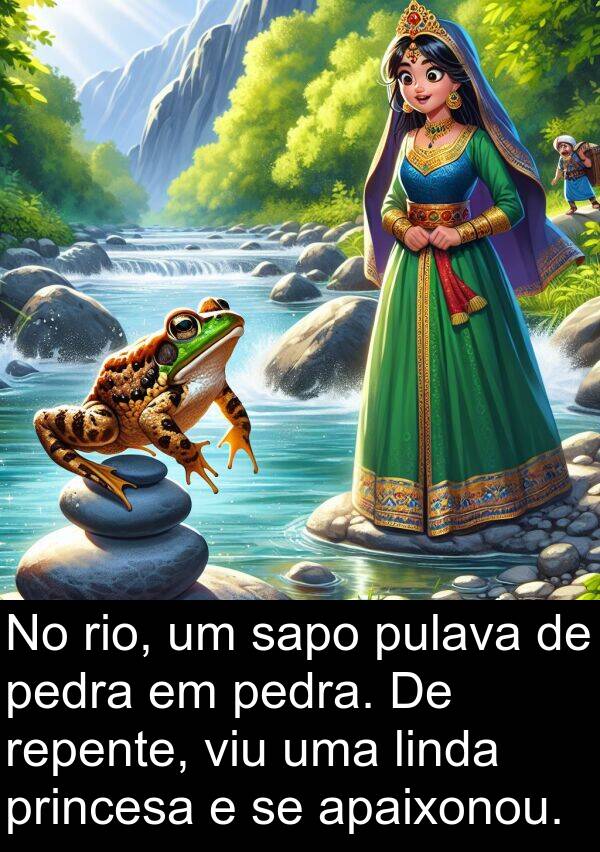 sapo: No rio, um sapo pulava de pedra em pedra. De repente, viu uma linda princesa e se apaixonou.