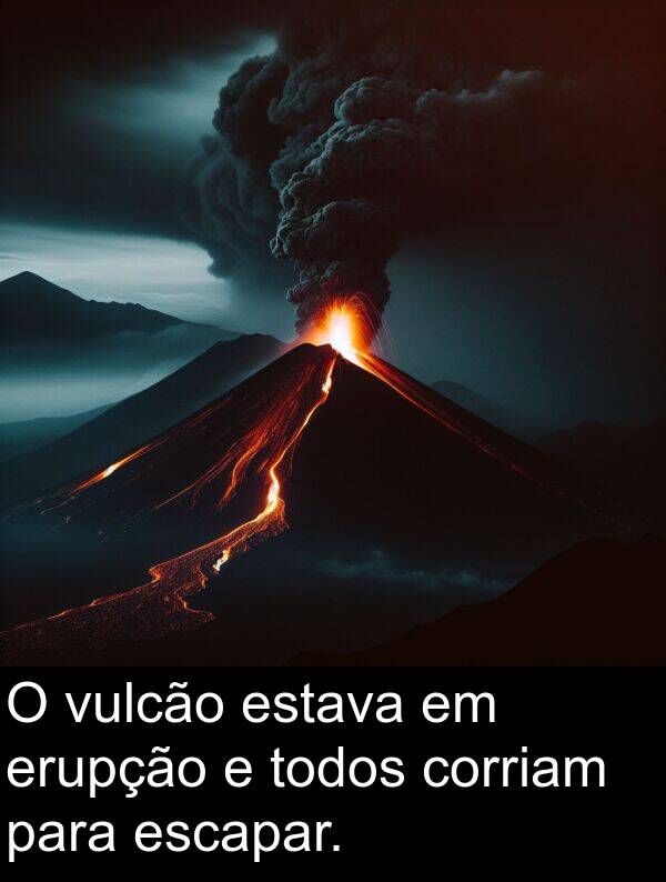 todos: O vulcão estava em erupção e todos corriam para escapar.