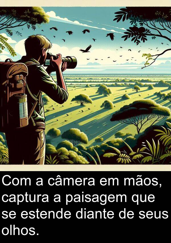 mãos: Com a câmera em mãos, captura a paisagem que se estende diante de seus olhos.