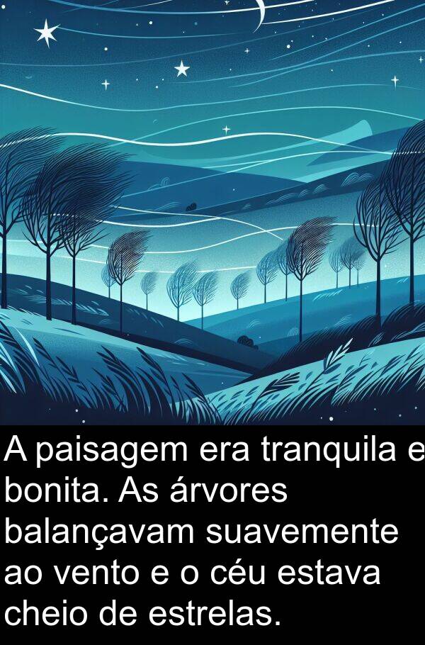 paisagem: A paisagem era tranquila e bonita. As árvores balançavam suavemente ao vento e o céu estava cheio de estrelas.