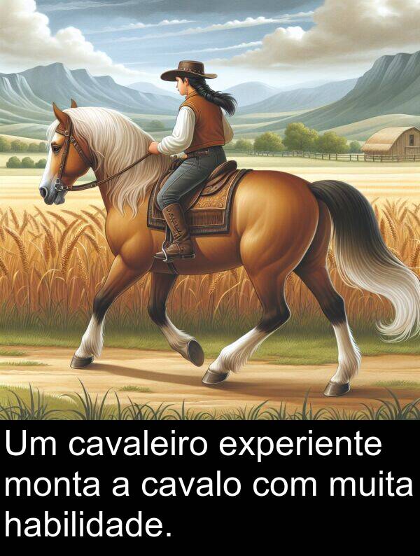 habilidade: Um cavaleiro experiente monta a cavalo com muita habilidade.