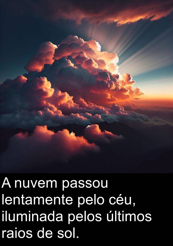 lentamente: A nuvem passou lentamente pelo céu, iluminada pelos últimos raios de sol.