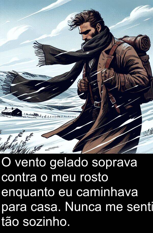 gelado: O vento gelado soprava contra o meu rosto enquanto eu caminhava para casa. Nunca me senti tão sozinho.