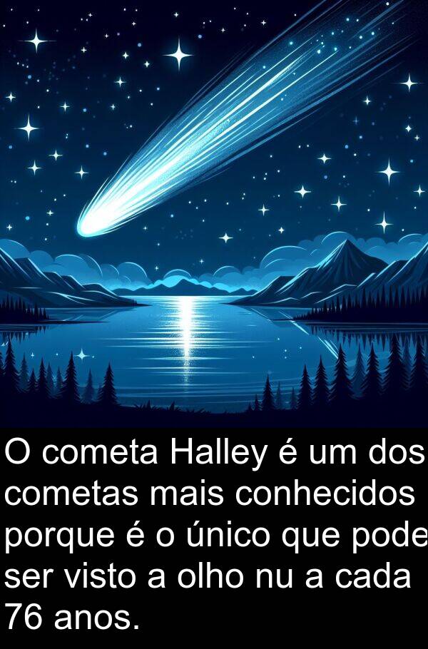 cada: O cometa Halley é um dos cometas mais conhecidos porque é o único que pode ser visto a olho nu a cada 76 anos.