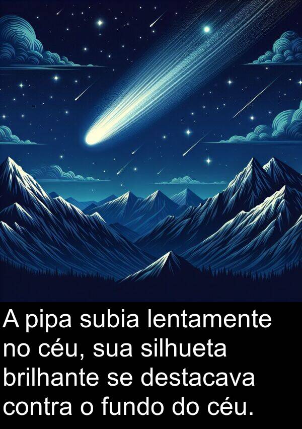 lentamente: A pipa subia lentamente no céu, sua silhueta brilhante se destacava contra o fundo do céu.