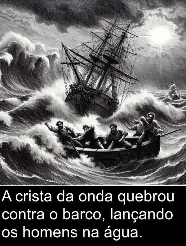 homens: A crista da onda quebrou contra o barco, lançando os homens na água.