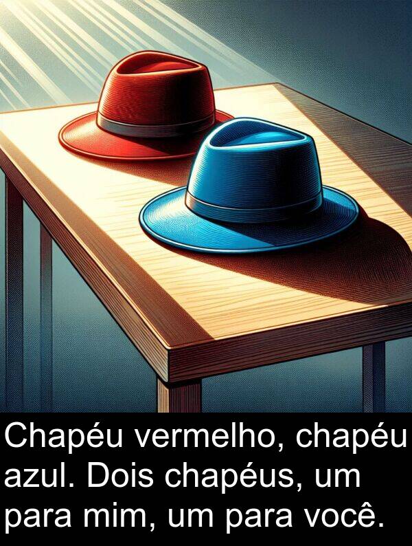 vermelho: Chapéu vermelho, chapéu azul. Dois chapéus, um para mim, um para você.