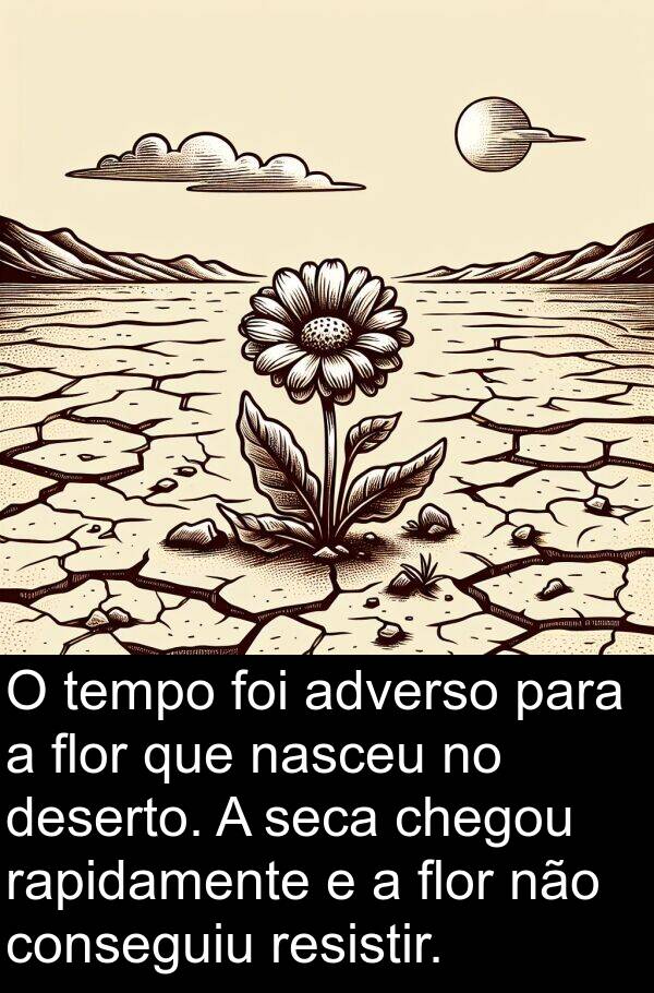 seca: O tempo foi adverso para a flor que nasceu no deserto. A seca chegou rapidamente e a flor não conseguiu resistir.