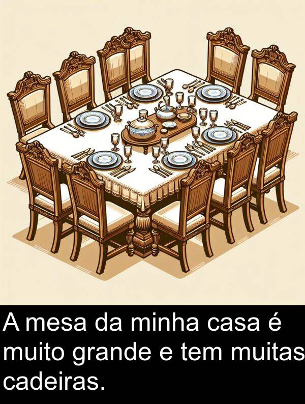 cadeiras: A mesa da minha casa é muito grande e tem muitas cadeiras.