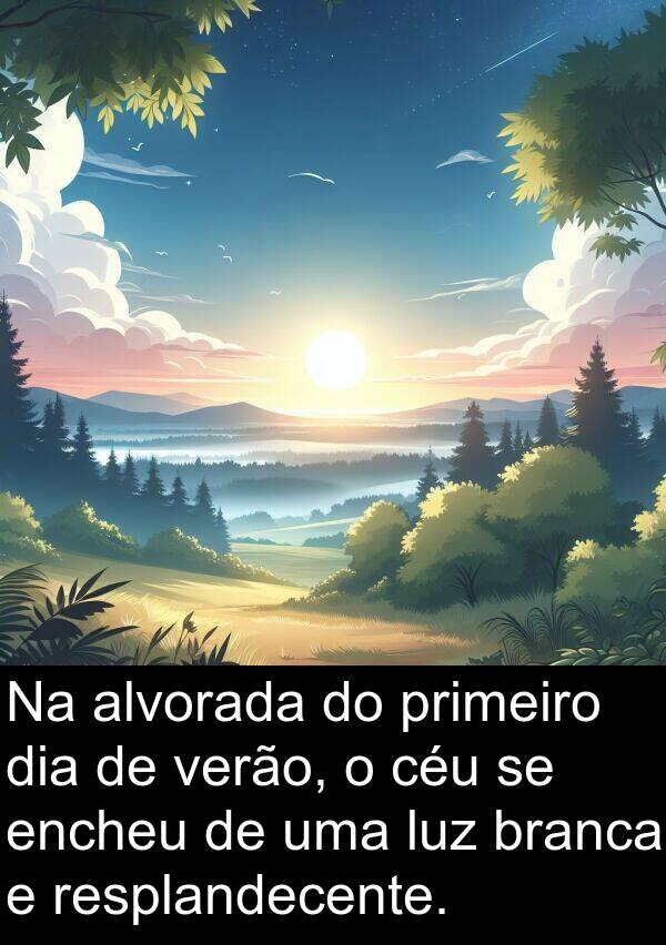 verão: Na alvorada do primeiro dia de verão, o céu se encheu de uma luz branca e resplandecente.