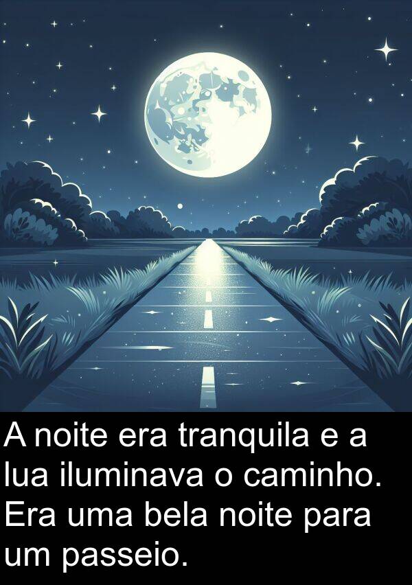 bela: A noite era tranquila e a lua iluminava o caminho. Era uma bela noite para um passeio.