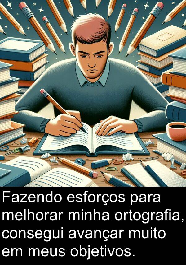 objetivos: Fazendo esforços para melhorar minha ortografia, consegui avançar muito em meus objetivos.