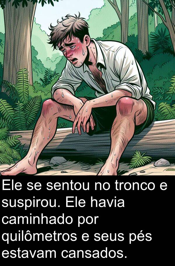 quilômetros: Ele se sentou no tronco e suspirou. Ele havia caminhado por quilômetros e seus pés estavam cansados.