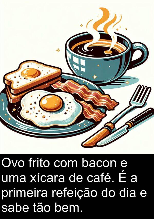 xícara: Ovo frito com bacon e uma xícara de café. É a primeira refeição do dia e sabe tão bem.