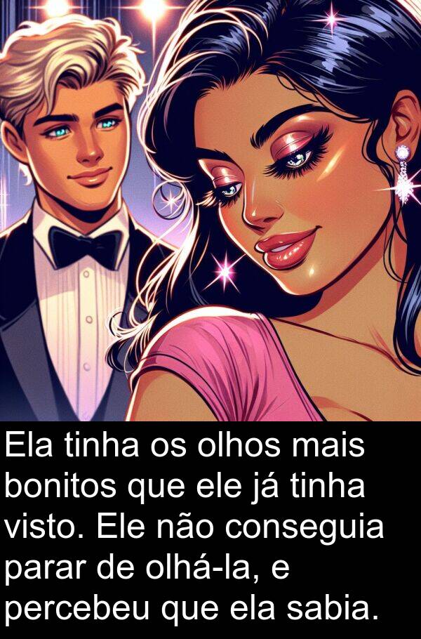 sabia: Ela tinha os olhos mais bonitos que ele já tinha visto. Ele não conseguia parar de olhá-la, e percebeu que ela sabia.