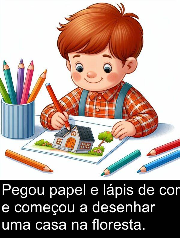 começou: Pegou papel e lápis de cor e começou a desenhar uma casa na floresta.