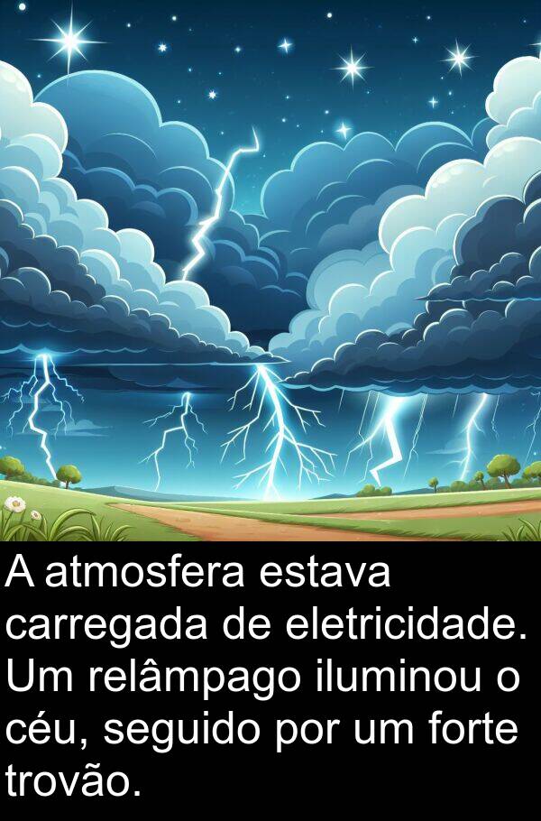 iluminou: A atmosfera estava carregada de eletricidade. Um relâmpago iluminou o céu, seguido por um forte trovão.