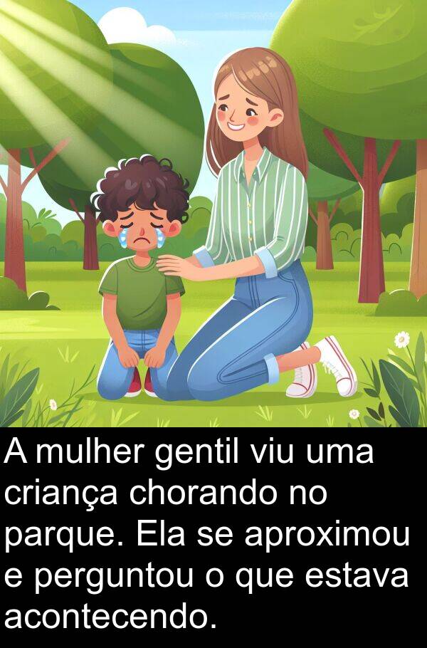 acontecendo: A mulher gentil viu uma criança chorando no parque. Ela se aproximou e perguntou o que estava acontecendo.