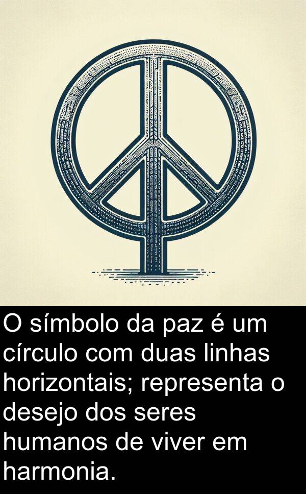 humanos: O símbolo da paz é um círculo com duas linhas horizontais; representa o desejo dos seres humanos de viver em harmonia.