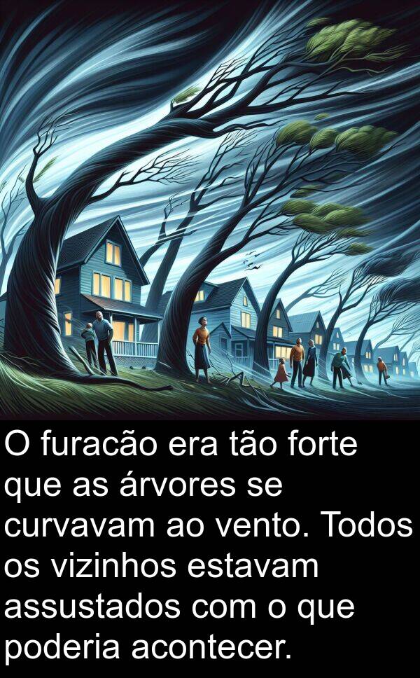 furacão: O furacão era tão forte que as árvores se curvavam ao vento. Todos os vizinhos estavam assustados com o que poderia acontecer.