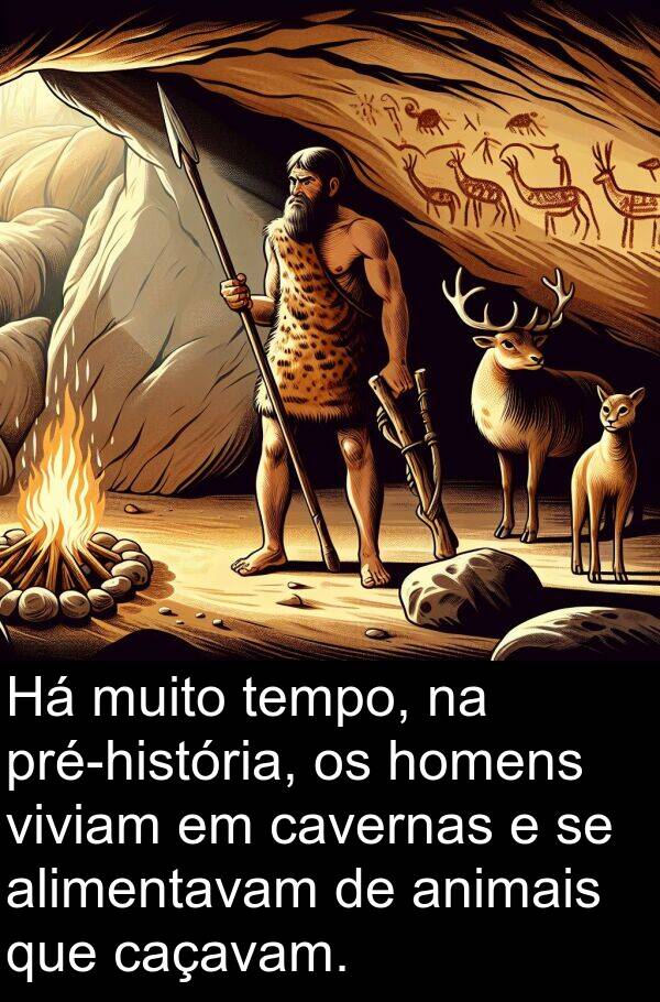 homens: Há muito tempo, na pré-história, os homens viviam em cavernas e se alimentavam de animais que caçavam.