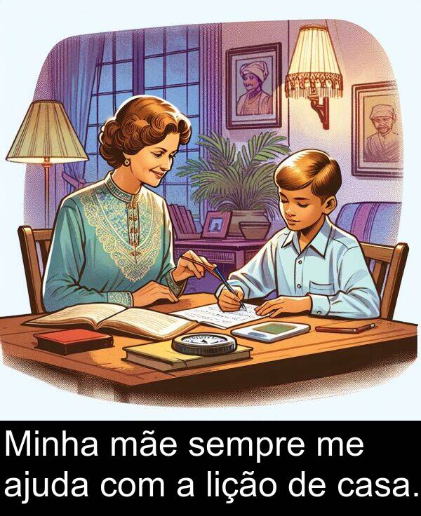 lição: Minha mãe sempre me ajuda com a lição de casa.