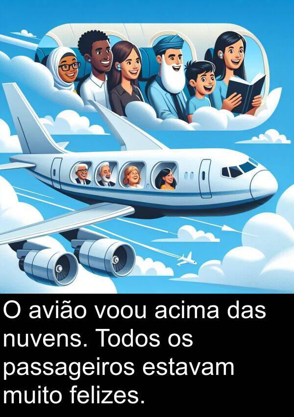 acima: O avião voou acima das nuvens. Todos os passageiros estavam muito felizes.