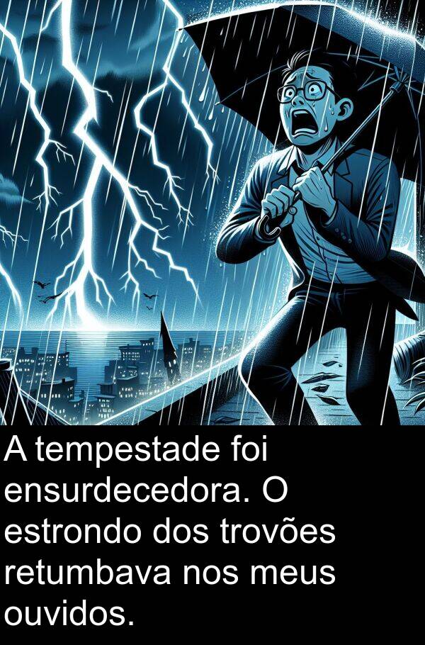 tempestade: A tempestade foi ensurdecedora. O estrondo dos trovões retumbava nos meus ouvidos.