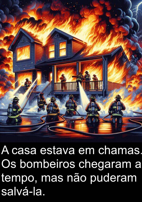 mas: A casa estava em chamas. Os bombeiros chegaram a tempo, mas não puderam salvá-la.