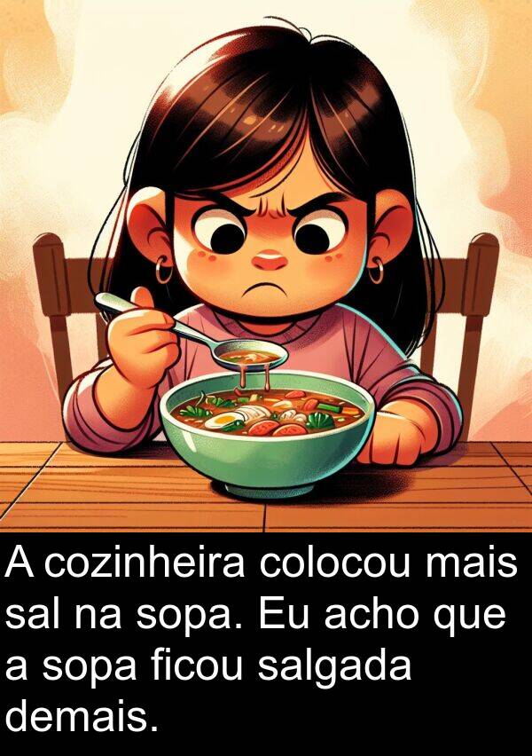 cozinheira: A cozinheira colocou mais sal na sopa. Eu acho que a sopa ficou salgada demais.