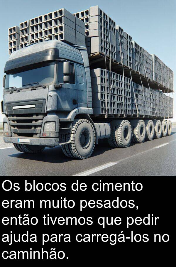 blocos: Os blocos de cimento eram muito pesados, então tivemos que pedir ajuda para carregá-los no caminhão.