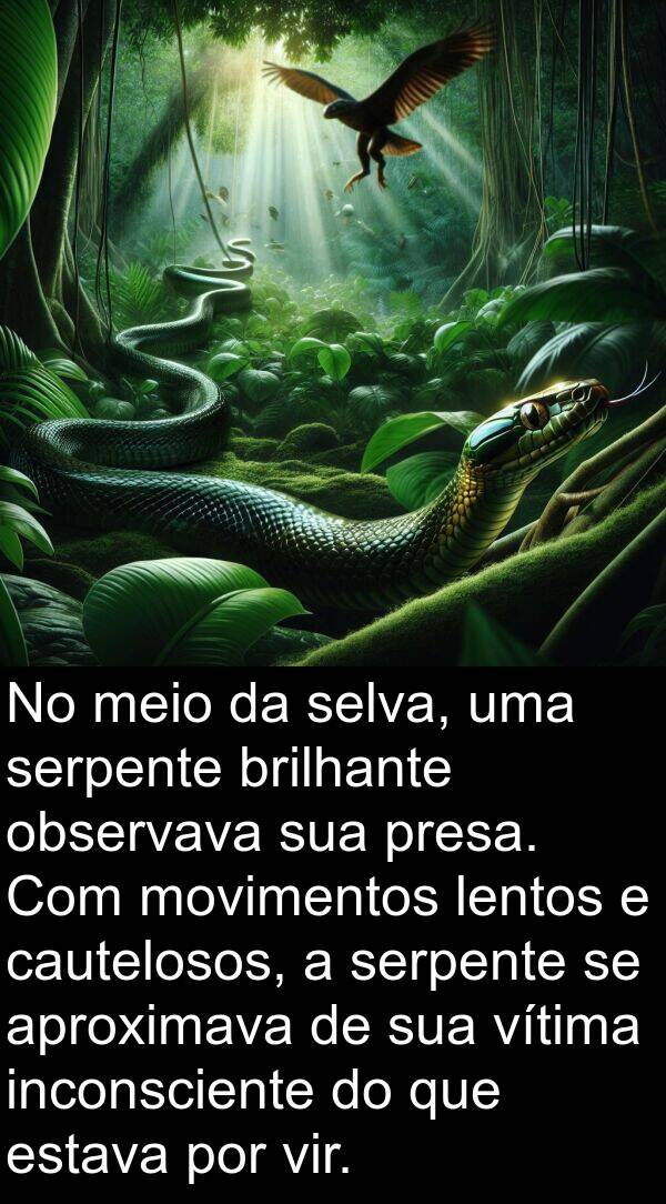 lentos: No meio da selva, uma serpente brilhante observava sua presa. Com movimentos lentos e cautelosos, a serpente se aproximava de sua vítima inconsciente do que estava por vir.