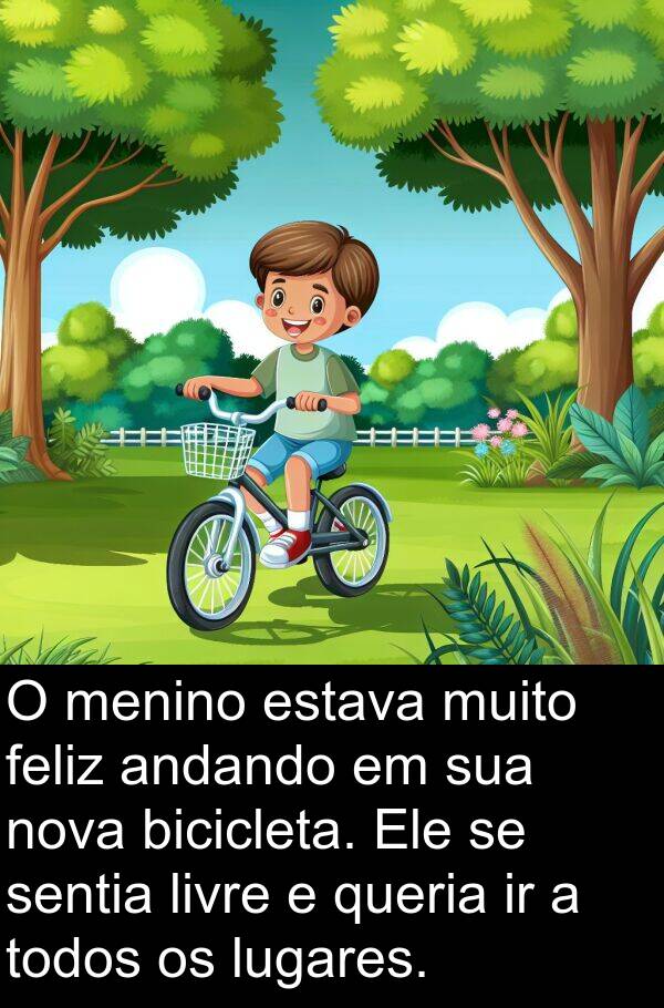 queria: O menino estava muito feliz andando em sua nova bicicleta. Ele se sentia livre e queria ir a todos os lugares.