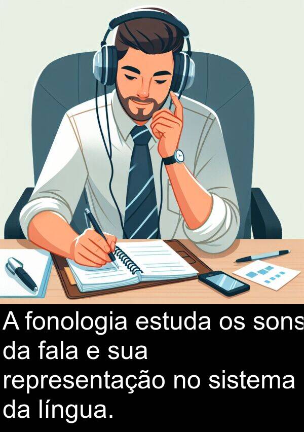 fala: A fonologia estuda os sons da fala e sua representação no sistema da língua.