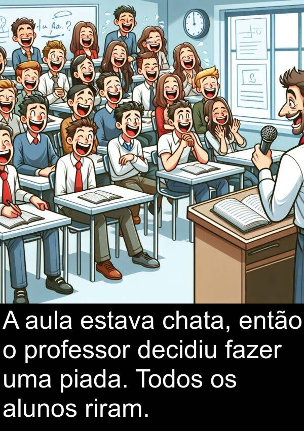 decidiu: A aula estava chata, então o professor decidiu fazer uma piada. Todos os alunos riram.