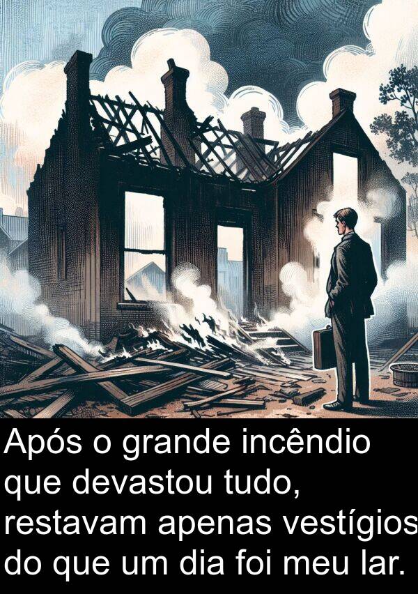 lar: Após o grande incêndio que devastou tudo, restavam apenas vestígios do que um dia foi meu lar.