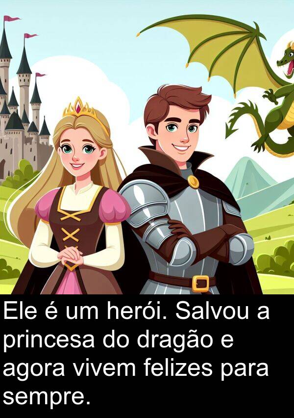 herói: Ele é um herói. Salvou a princesa do dragão e agora vivem felizes para sempre.