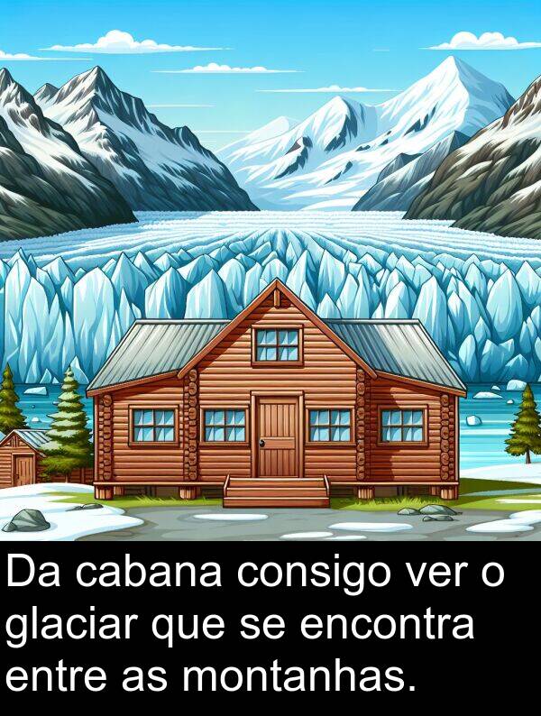 ver: Da cabana consigo ver o glaciar que se encontra entre as montanhas.