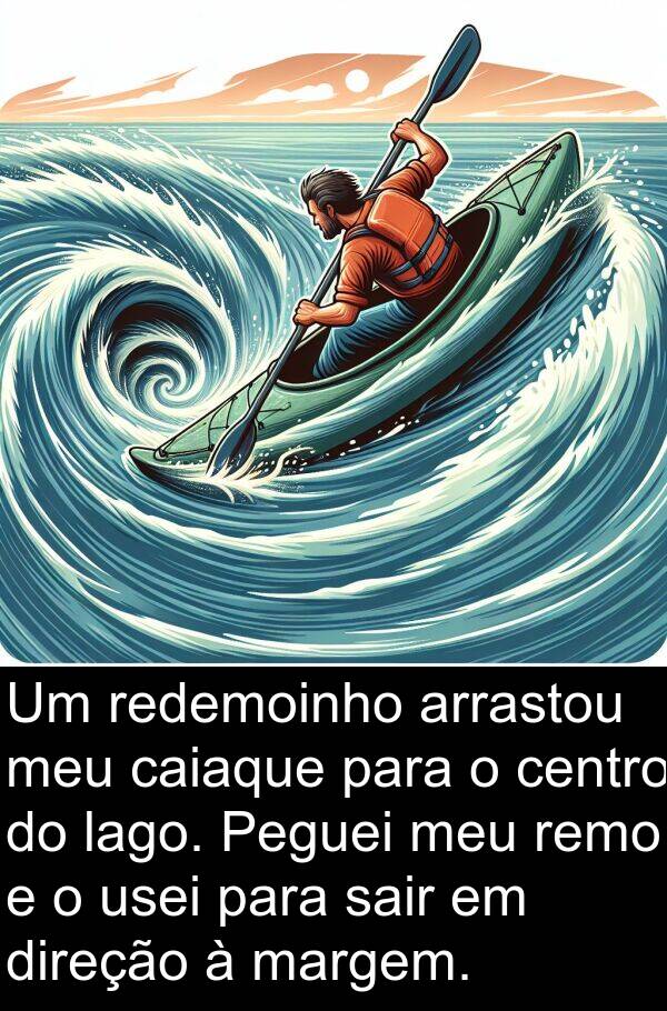 lago: Um redemoinho arrastou meu caiaque para o centro do lago. Peguei meu remo e o usei para sair em direção à margem.