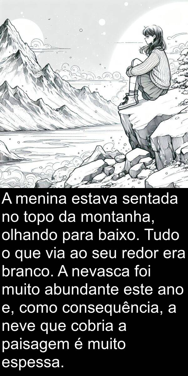 abundante: A menina estava sentada no topo da montanha, olhando para baixo. Tudo o que via ao seu redor era branco. A nevasca foi muito abundante este ano e, como consequência, a neve que cobria a paisagem é muito espessa.