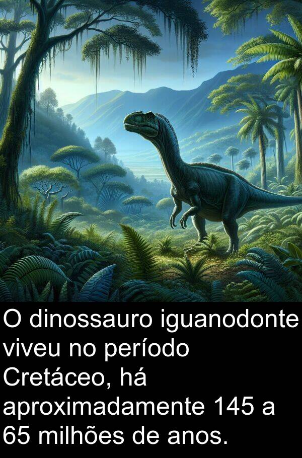 milhões: O dinossauro iguanodonte viveu no período Cretáceo, há aproximadamente 145 a 65 milhões de anos.