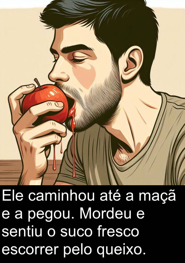 queixo: Ele caminhou até a maçã e a pegou. Mordeu e sentiu o suco fresco escorrer pelo queixo.