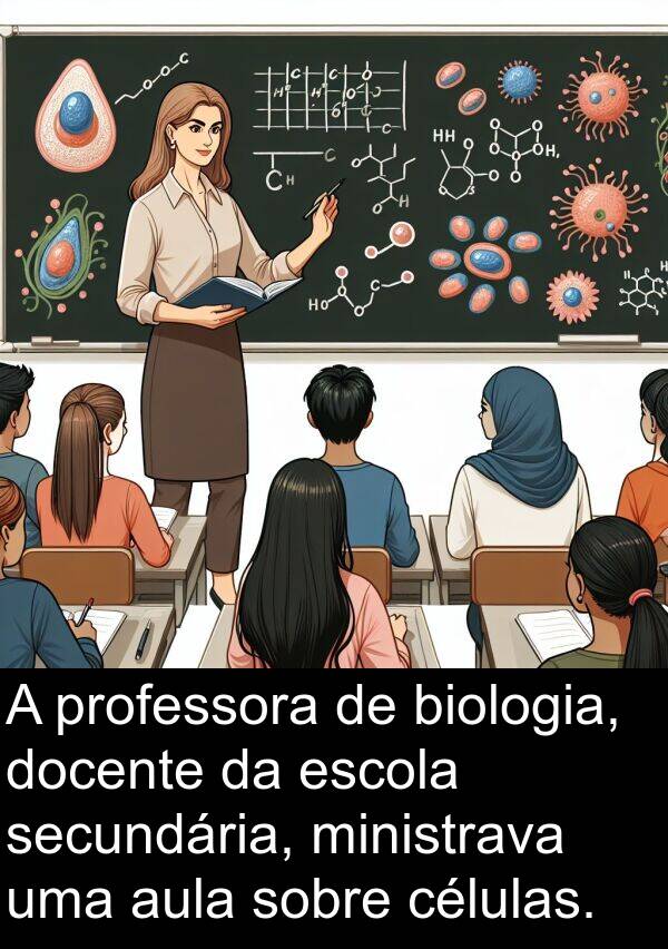 secundária: A professora de biologia, docente da escola secundária, ministrava uma aula sobre células.