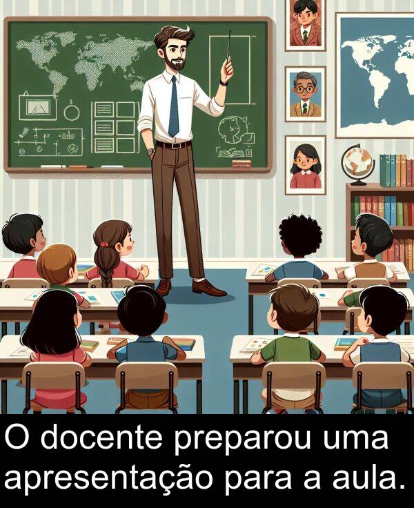 preparou: O docente preparou uma apresentação para a aula.