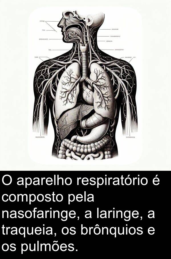 traqueia: O aparelho respiratório é composto pela nasofaringe, a laringe, a traqueia, os brônquios e os pulmões.